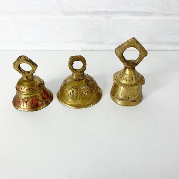 Vintage Brass Handheld Bell Fingertip Etched Meditation Set of 3 - Picture 4 of 4